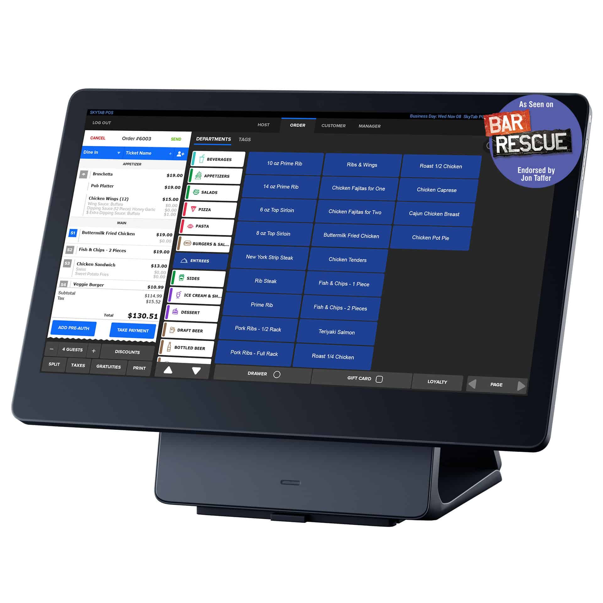 SkyTab POS station left facing bar rescure endorsement